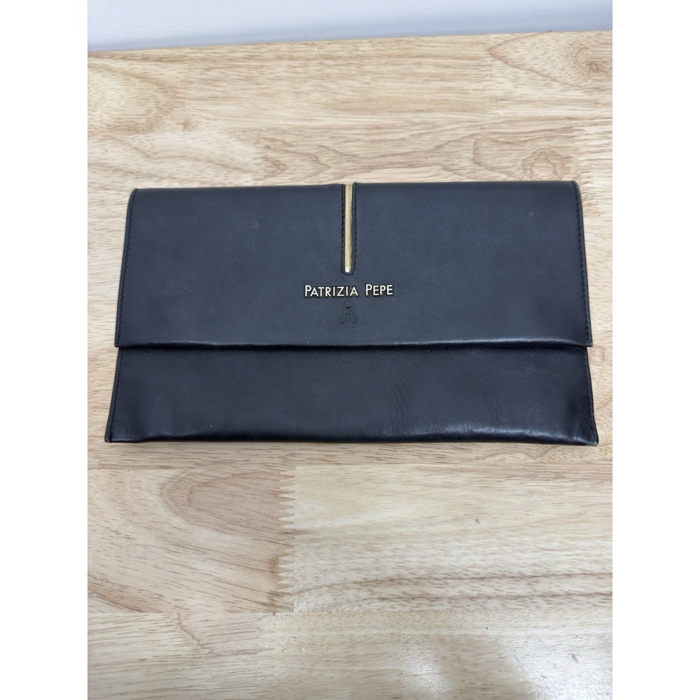 PATRIZIA PEPE  black clutch‎ purse Leather Fold Over No Strap 11"x6" #43
